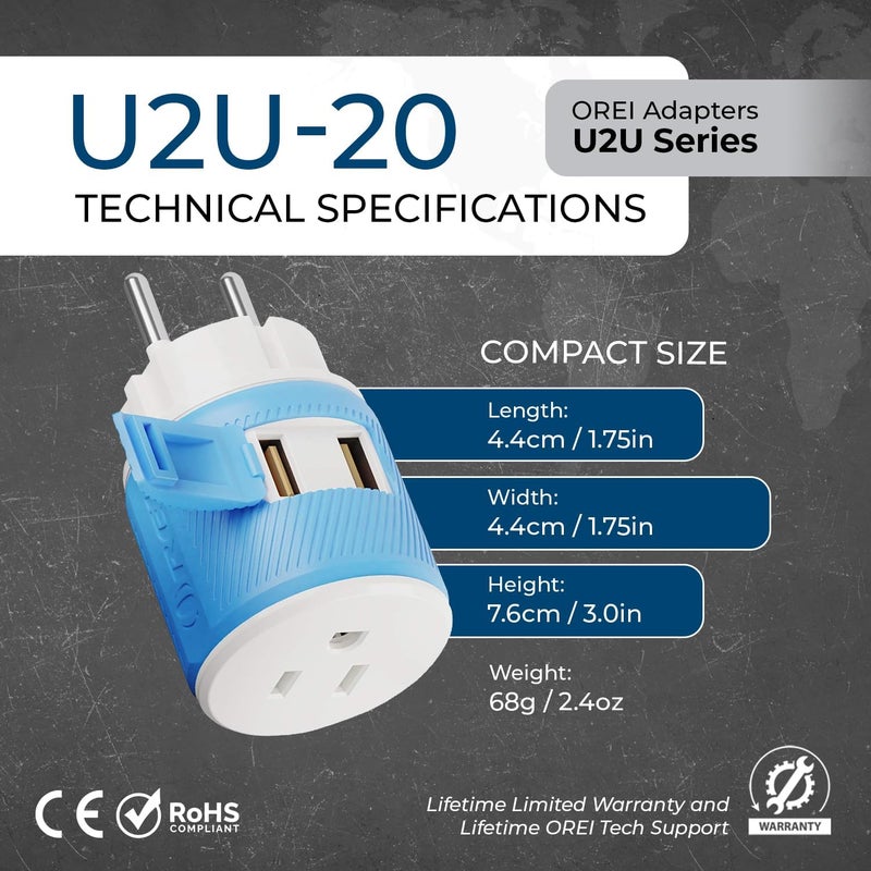 OREI محول سفر الدنمارك مع شاحن USB مزدوج - مدخل أمريكي - نوع K (U2U-20) ، يعمل مع الهواتف المحمولة والكاميرات وأجهزة الكمبيوتر المحمولة والأجهزة اللوحية وآيباد وآيفون والمزيد - Image 5